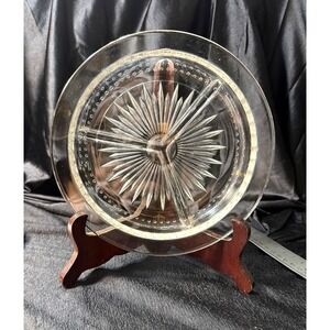 Clear Glass Relish Dish 3 Part Divided Dots & Starburst Bottom MCM (2822)
